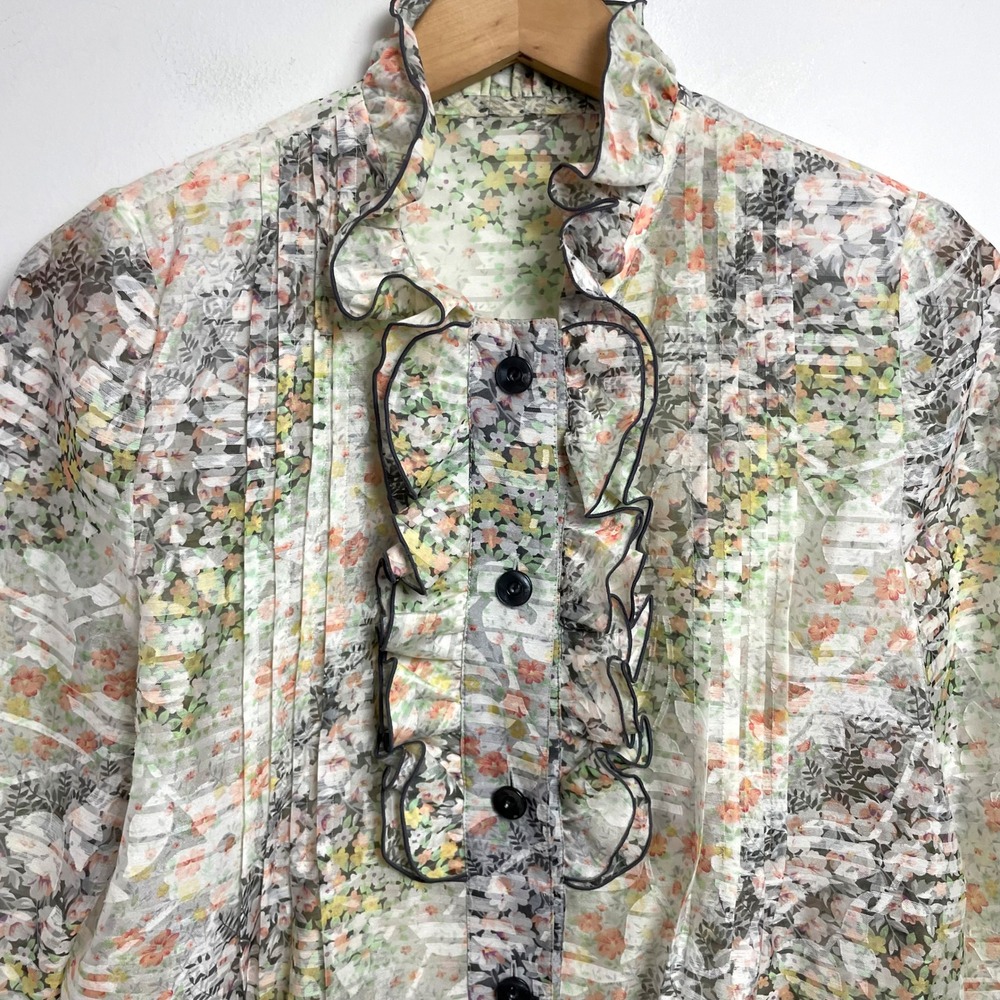 Sheer Floral Ruffle Blouse Button‎ Up Sz Large Cottage Romantic Feminine - Picture 3 of 9